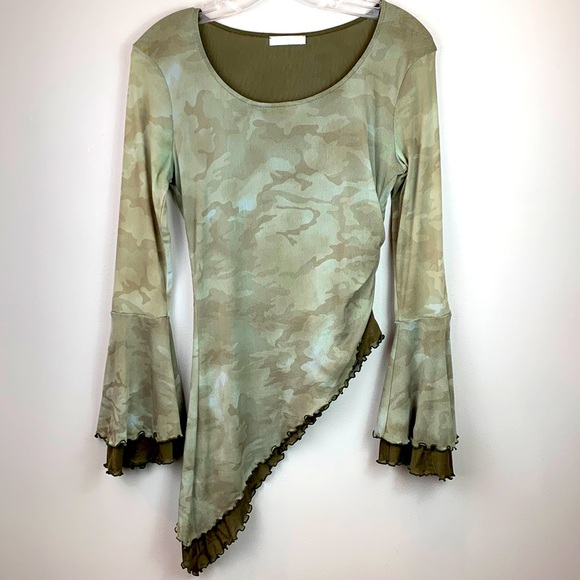 Promod Y2K Camouflage Asymmetrical Bell Sleeve Blouse - Picture 1 of 7